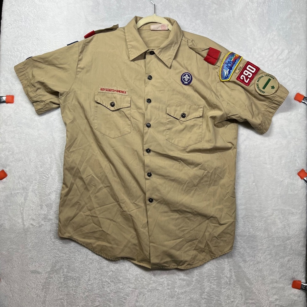 Boy Scouts of America Official Uniform Shirt Men's Tan Short Sleeve Patches - XL